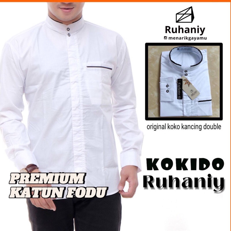 Kemeja Kokido Koko Putih Bahan Premium Toyobo Fodu Koko muslim kekinian Kancing Dobel Baju Koko Pria