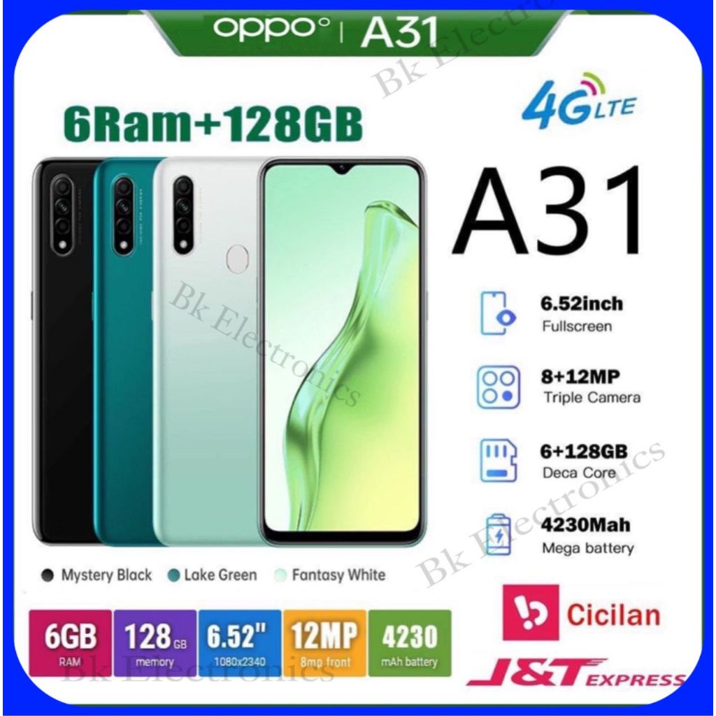 OPPO A31 HP RAM 6/128GB GARANSI 1 TAHUN ORIGINAL BARU HANDPHONE baterai