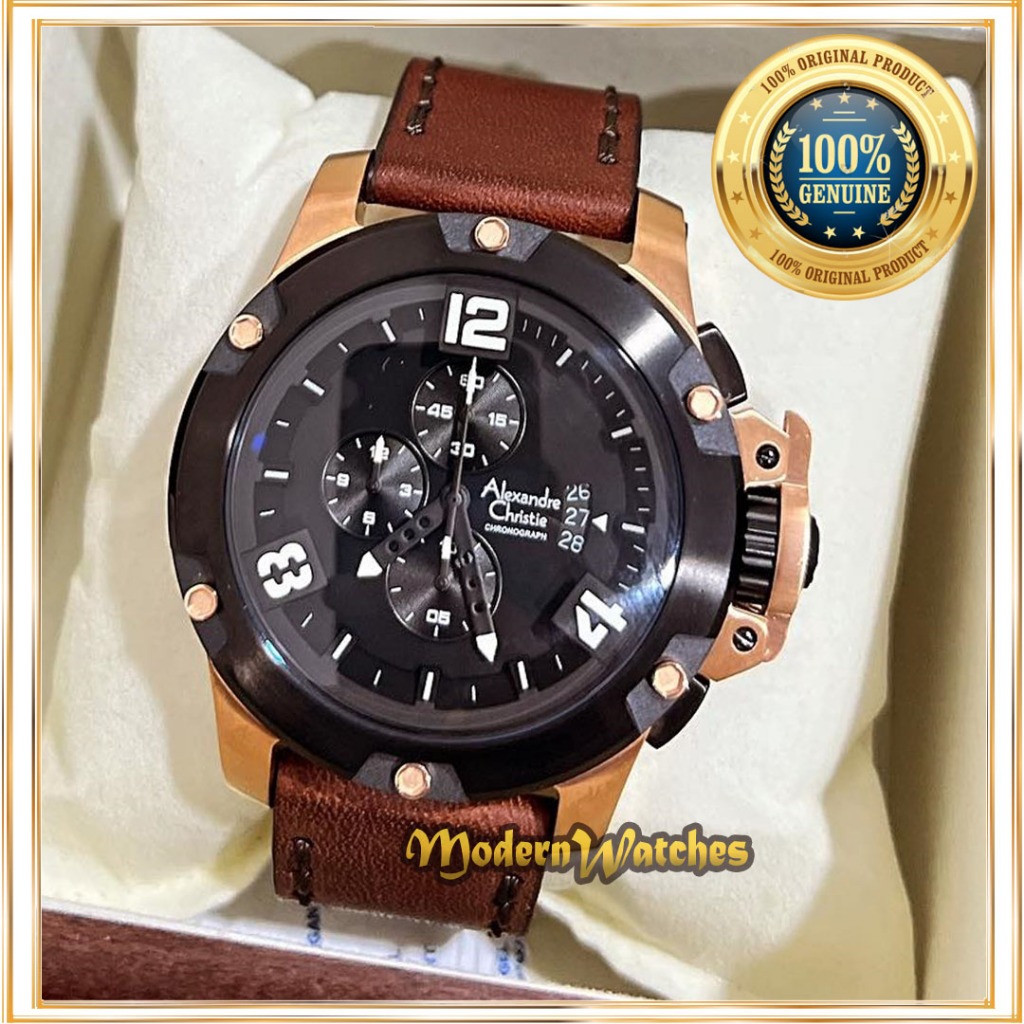Jam Tangan Ori Pria Alexandre Christie AC 6295 Tali Kulit Brown Rosegold Black Hitam Abu Army