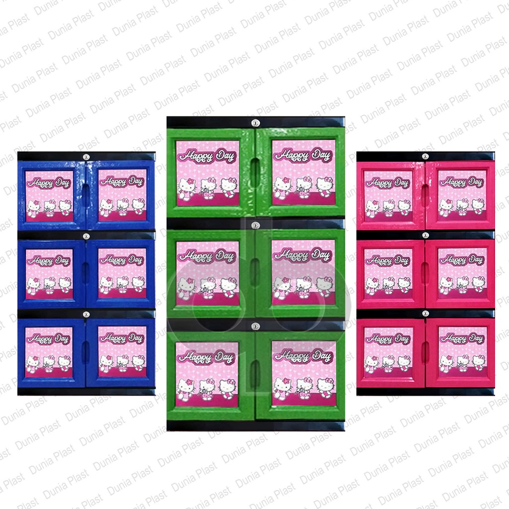 LEMARI PLASTIK 3 SUSUN TINGKAT RAK JUMBO PAKAIAN KABINET KARAKTER HELLO KITTY FULL KUNCI EXCEL PORTA