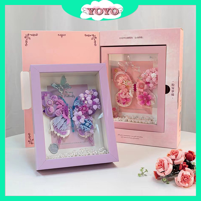 YOYO Bricks Bingkai Foto Kupu-kupu Blok Bangunan Block Buket Masyarakat Cahaya Bulan Hari Valentine 