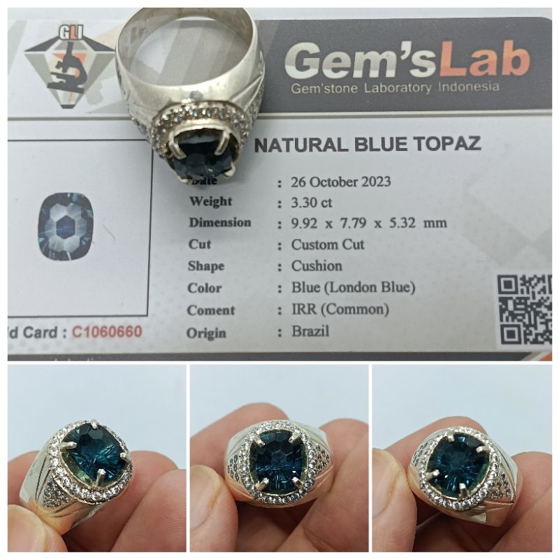 Natural London Blue Topaz 3,3 ct Super Luster memo GLI Ring Perak