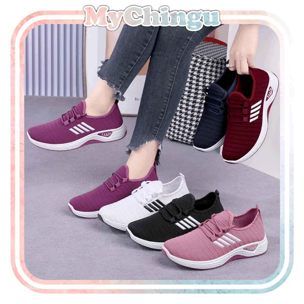 ❀ Chingu ❀ SEP101 (Tanpa Kotak) Sepatu Sneakers Wanita SIze 36-42 7 Warna Simple Polos Ringan Garis 