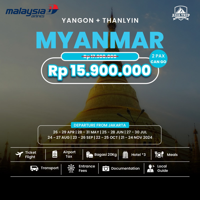 Tour Yangon + Thanlyin, Myanmar 4D3N 2024