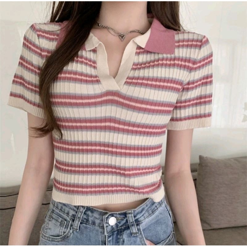 Atasan Salur wanita kerah import kaos rajut import