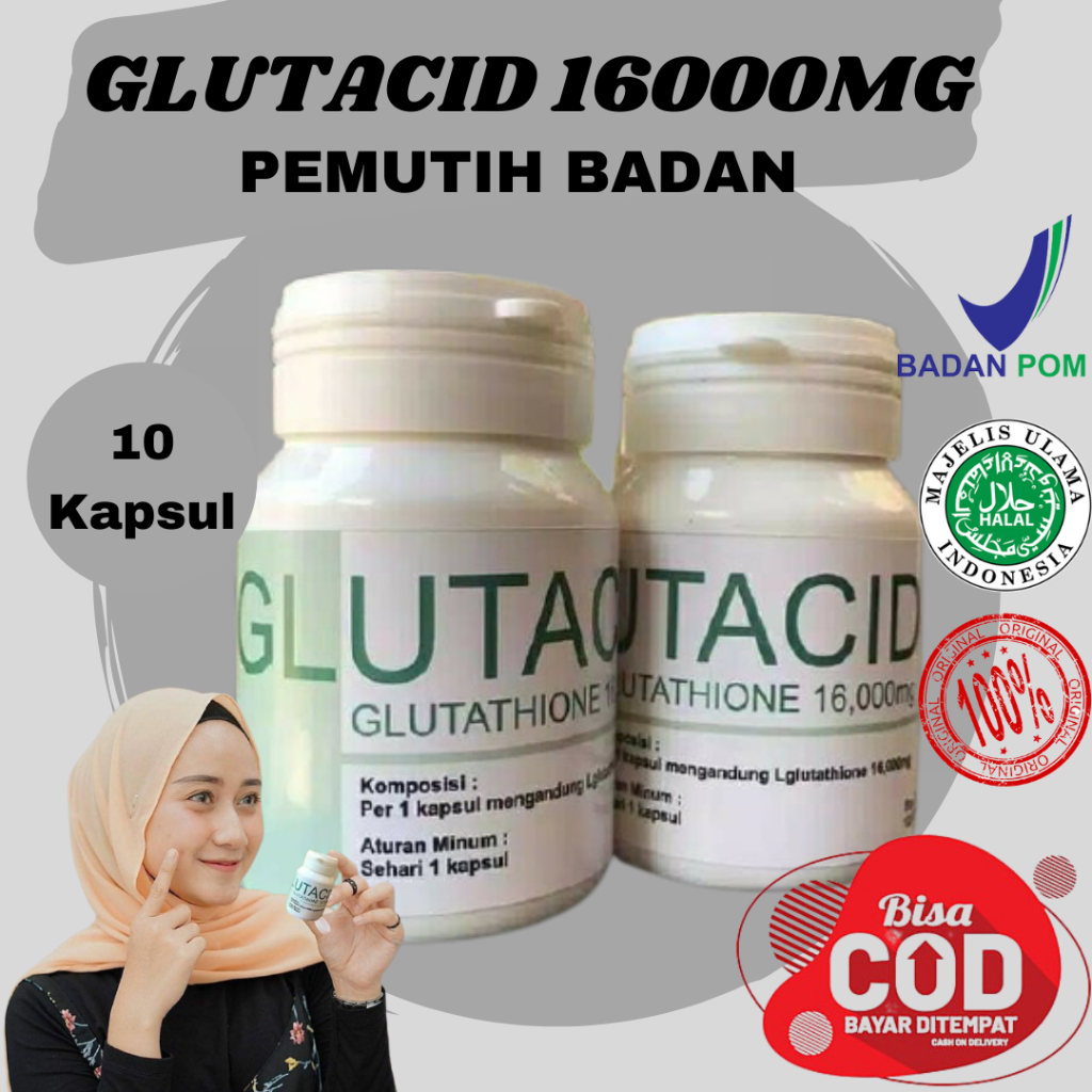Glutacid Whitening 16 000 mg Original 100% Pemutih Badan Permanen Asli Memutihkan Mencerahkan Wajah, Leher, Tangan, Kaki, Seluruh Tubuh