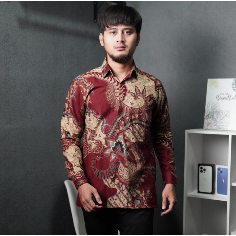 Batik Pria Bunayyastore BANASPATI Lengan panjang merah marun