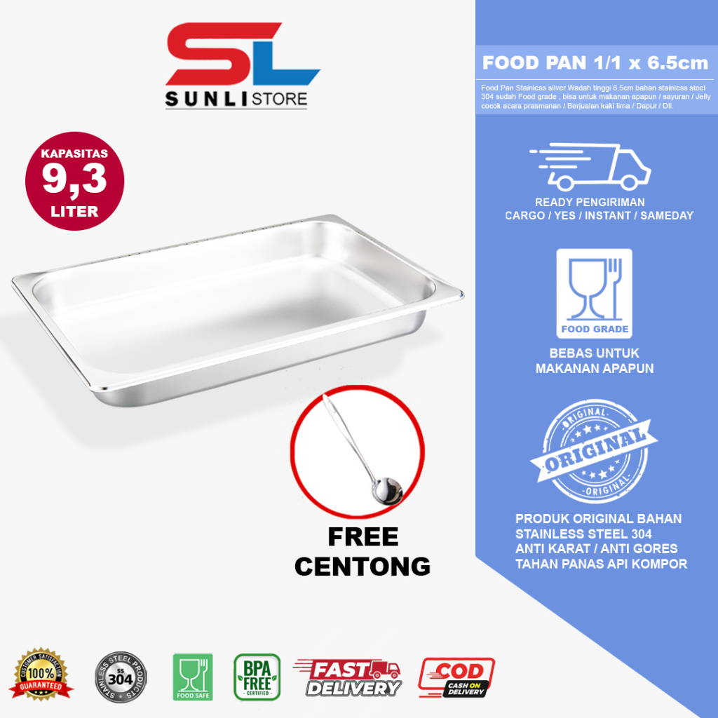 SUNLI - Food Pan Stainless WADAH 1/1 x 6,5 cm  / Food pan wadah stainless / tempat makan stainless 1