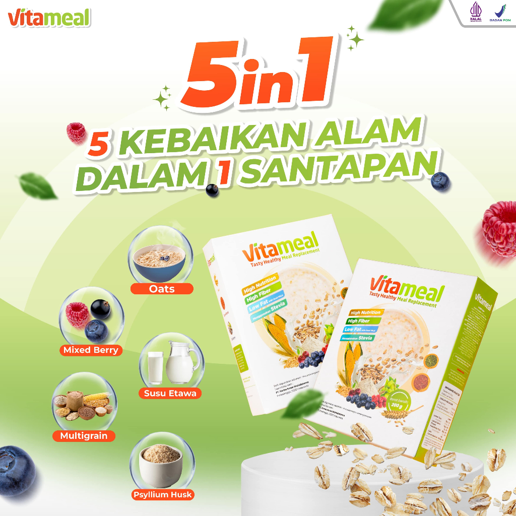 

Vitameal Sereal Sehat Multigrain Mengandung Oat Psyllium Husk Susu Etawa Daun Stevia Beras Merah Blueberry Raspberry Strawberry Jagung Gandum Original Menyehatkan Badan Kaya Nutrisi Rendah Gula Rendah Kolesterol Rendah Lemak Low Sugar Less Sugar