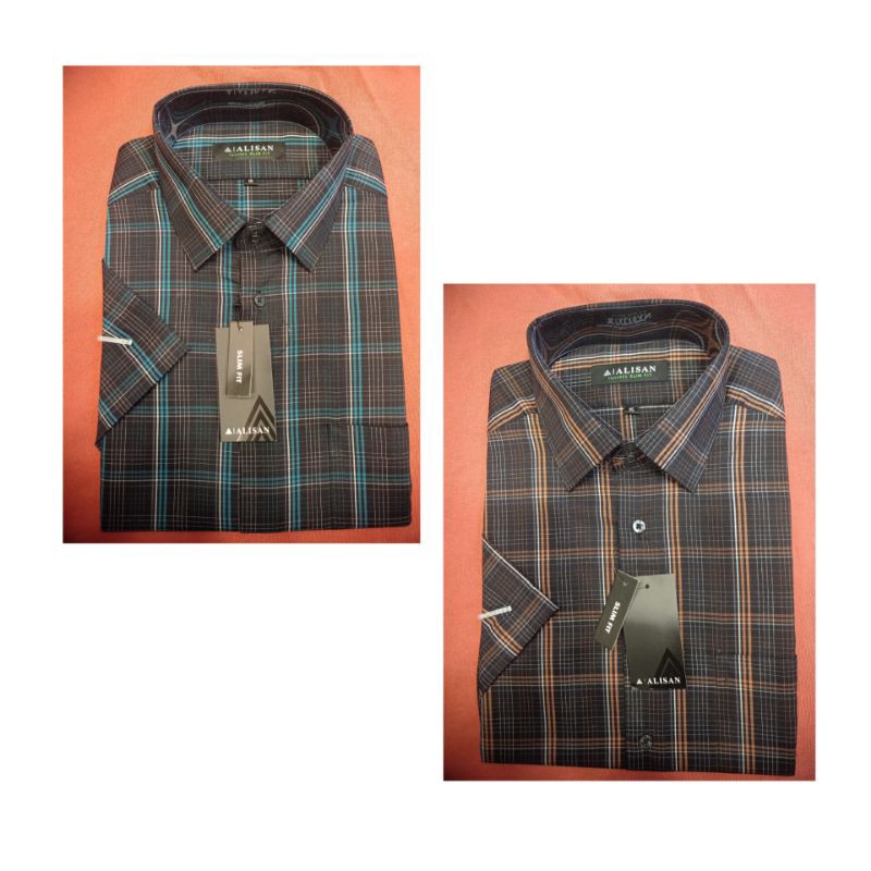 Alisan motif Kotak Garis Besar Lengan Pendek Slimfit