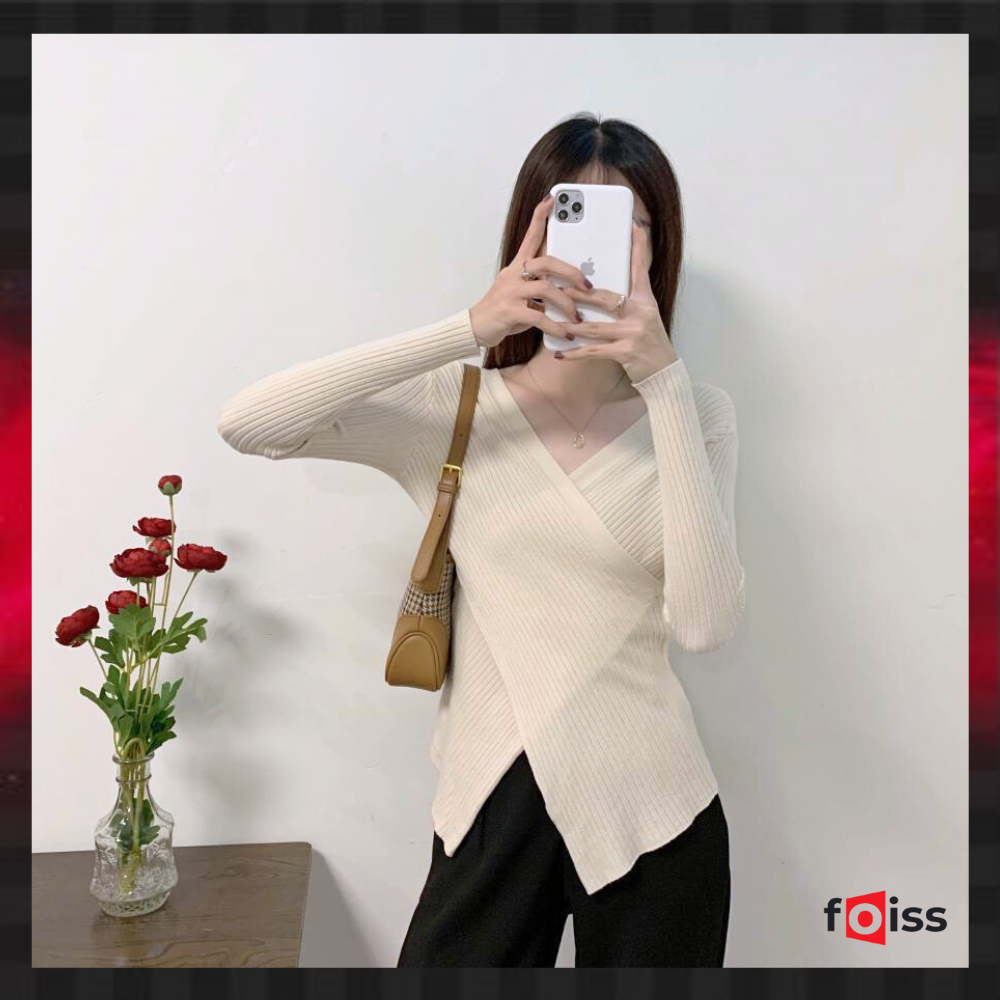 Foiss Baju Rajut Wanita V Neck Lengan Panjang Atasan Wanita 4099