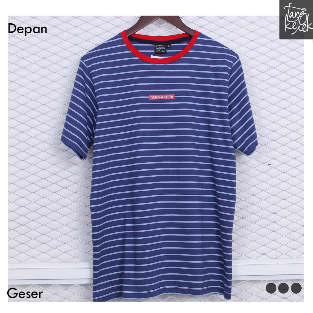 Tangkelek Baju Kaos Salur Tangkelek Datar Warna Biru Kombinasi
