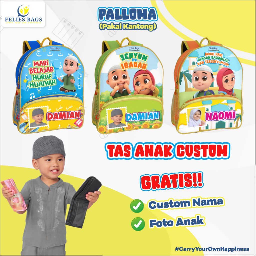 Tas Ransel Anak NUSSA RARA Custom Nama + Foto | FELIES BAGS Tas Anak Custom PALLOMA