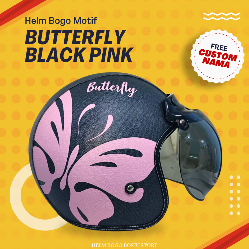 Helm Bogo Motif Kupu Butterfly Black Pink | Custom Warna Nama | Helem Retro Klasik Anak Cewek Wanita