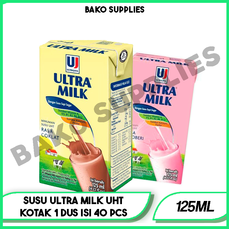 

SUSU ULTRA MILK UHT KOTAK 1 DUS ISI 40 PCS @125ML | RASA COKLAT / STROBERI