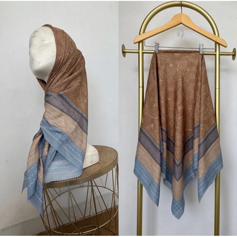 HIJAB INSTAN SEGIEMPAT MOTIF DAUN COKLAT JILBAB MEWAH VIRAL