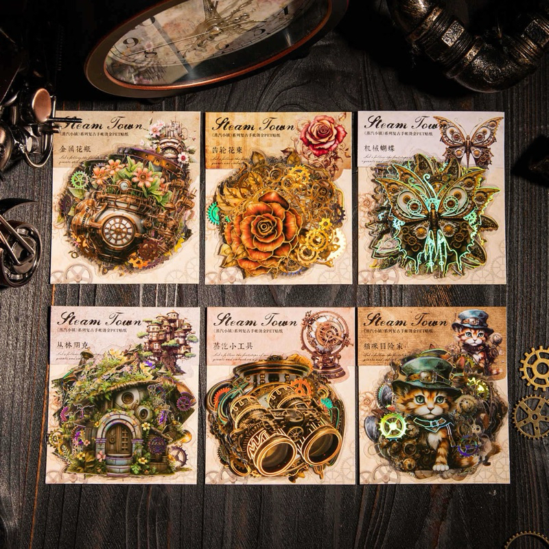 

(2CB) sticker transparan hologram jam mesin kucing steam town journaling bujo