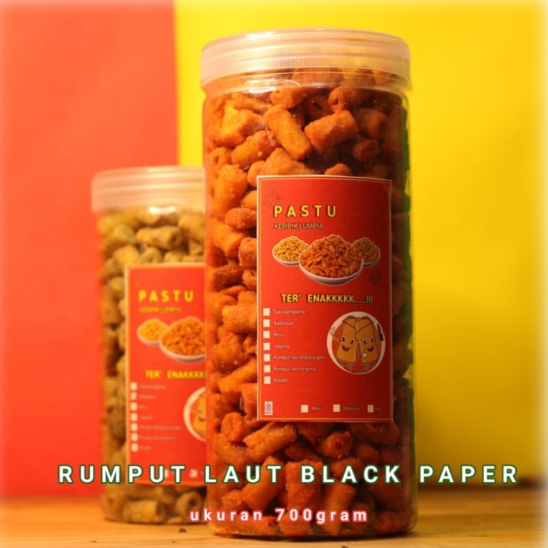 

Keripik Kulit Lumpia Rasa Rumput Laut Black Paper 700gram