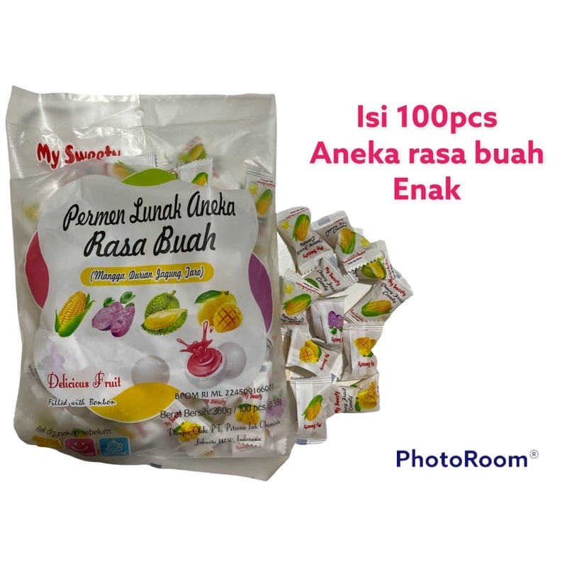 

Permen Lunak Aneka Rasa Buah isi rasa mangga, durian, jagung, taro isi 100pcs