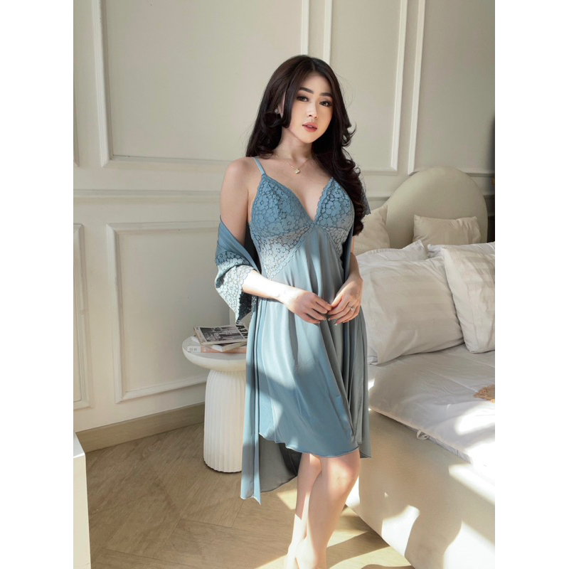 UIY Cyee Sleep Wear Dress + Kimono + Panties + Belt Winter Blue