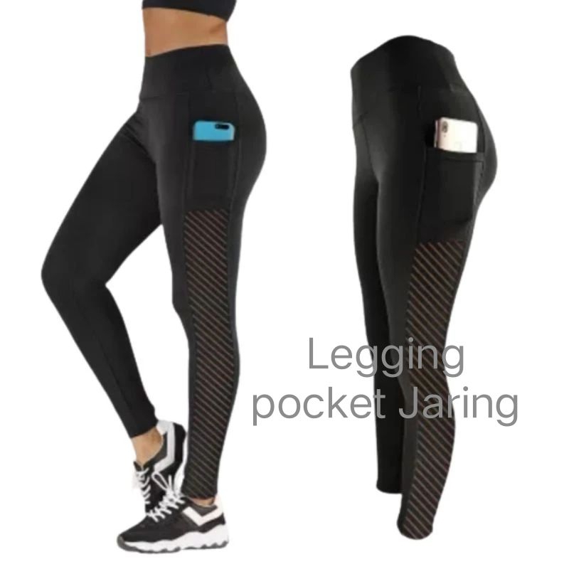 Celana Legging Polos Jaring Pocket Olahraga Wanita /Legging Olahraga Wanita High Waist