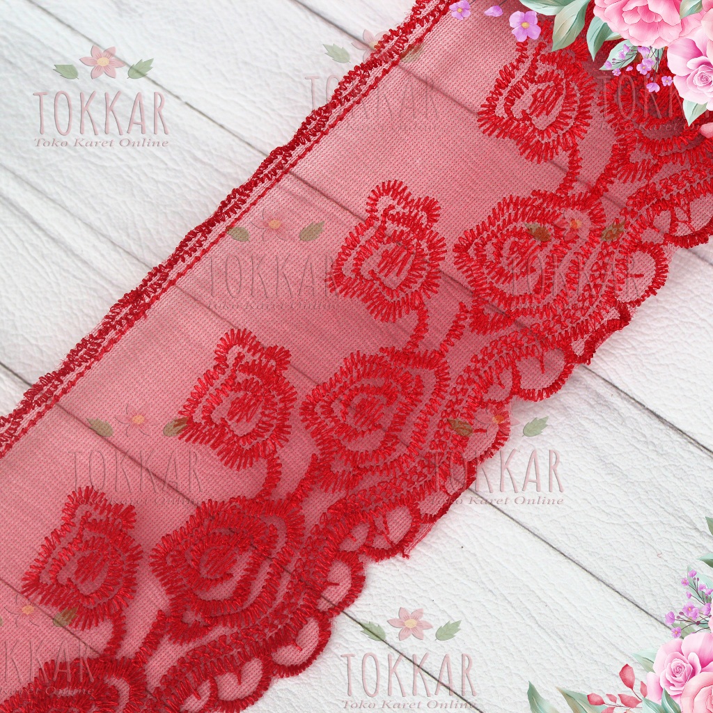 (Per Meter) RDT332 Renda Bordir Tile Cantik Merah Lebar 10Cm