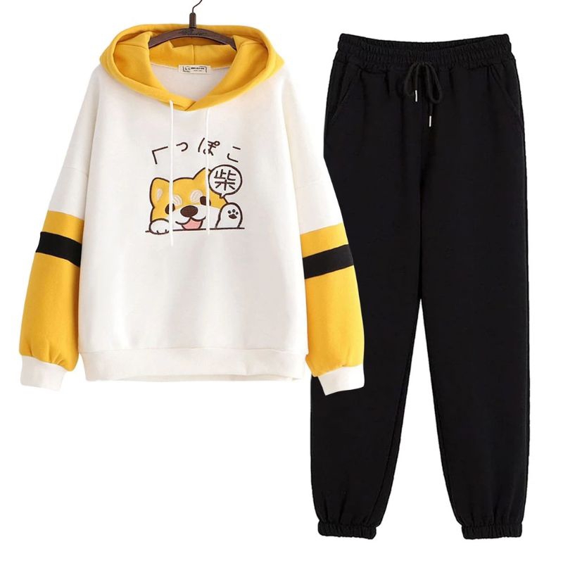 Okeoke_Makassar - Shiro  Setelan Hoodie Murah Wanita Setelan Hoodie Combi Luna & Jogger Hitam - SHIR