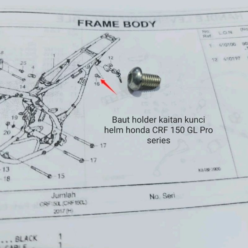 BAUT UNTUK KAITAN KUNCI HELM MOTOR HONDA CRF 150 GL PRO