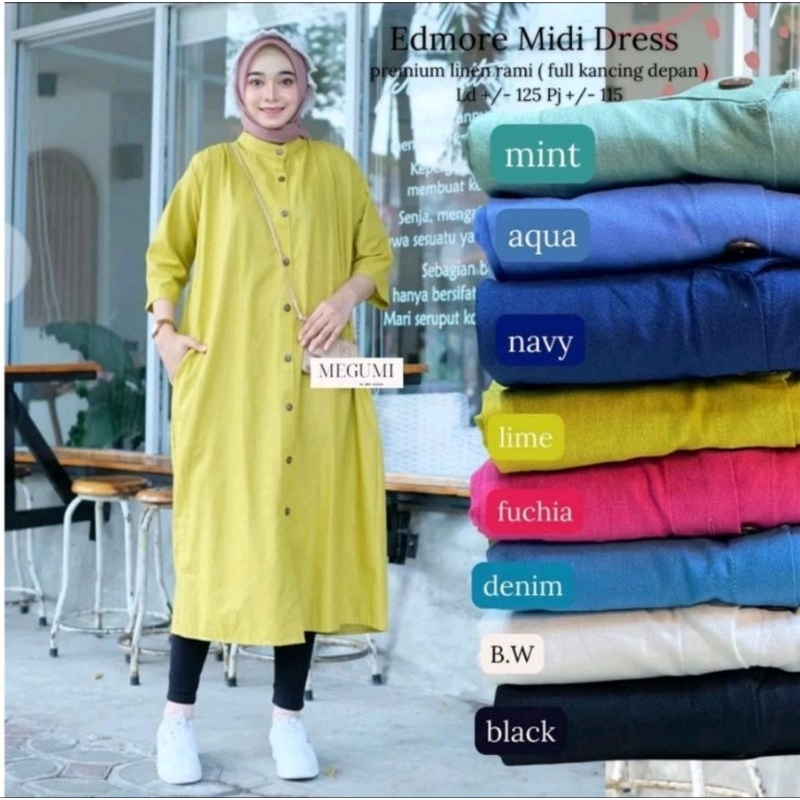 Midi Dress Wanita Muslim Linen Rami Polos Terbaru Premium Minimalis