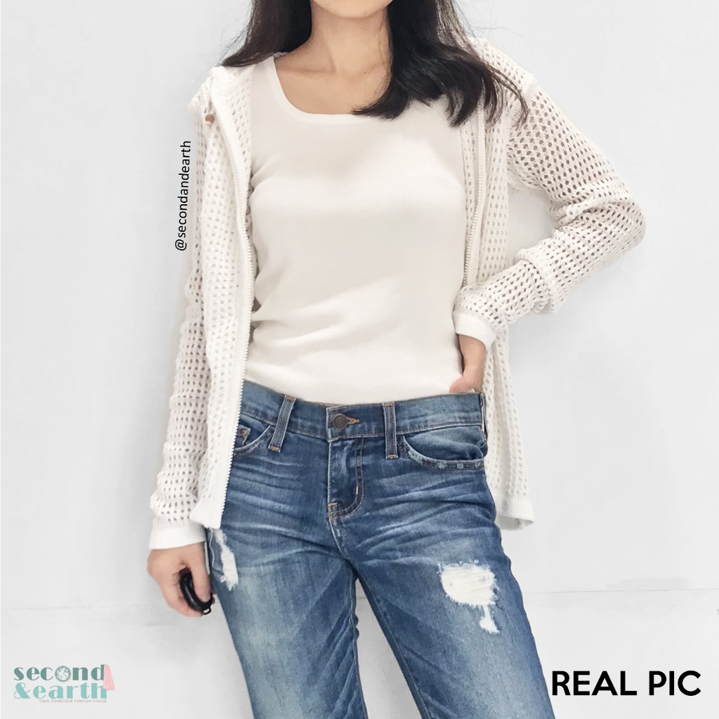 Jaket Rajut Lengan Panjang (XS-S) Luaran Rajut Katun Hoodie Putih Polos Long Sleeve Knit Jacket Oute