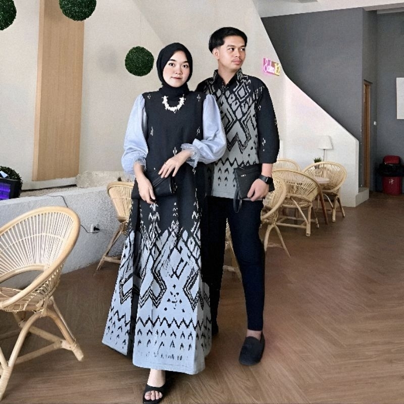 [ READY STOK ] SET COUPLE BAJU BATIK TENUN PASANGAN WANITA TERBARU GAMIS COUPLE PESTA