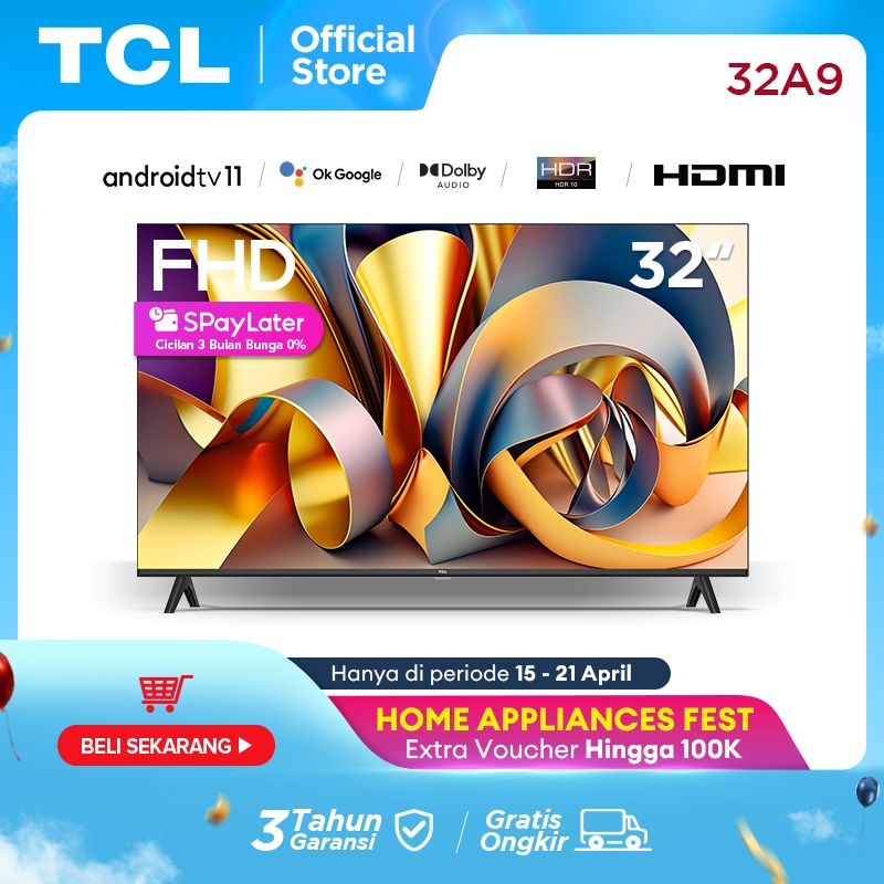 TCL 32 Inch Smart TV - Android 11 - FHD - Dolby Audio -  Google Play/Netflix/Youtube -  Wifi/Bluetooth/USB (Model: 32A9)