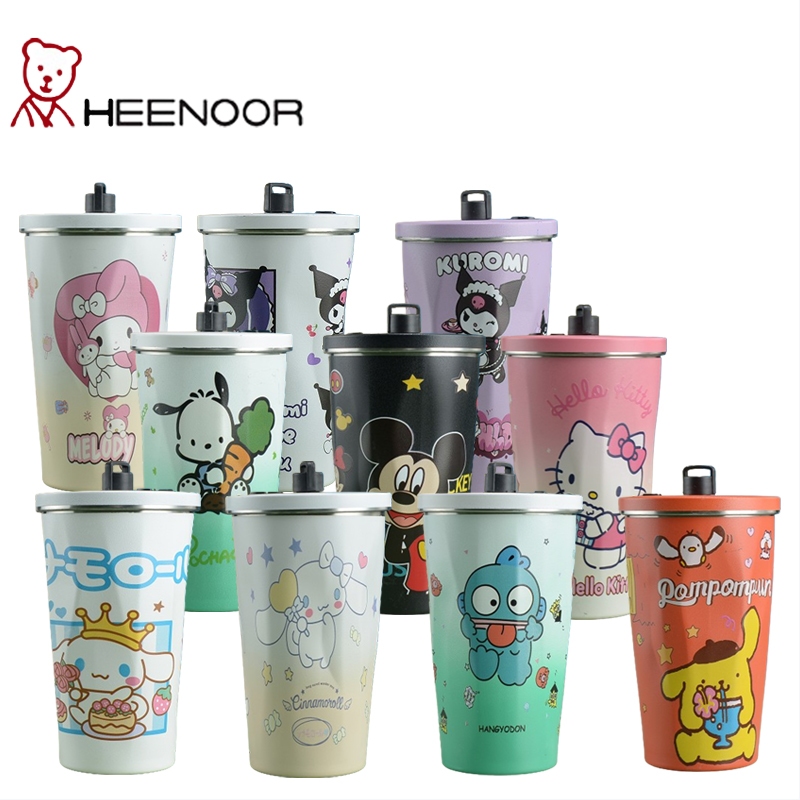 [ SALE ] Heenoor Botol Termos Tumbler Geometris Karakter Sanrio Kopi-Teh Vacuum Insulated+Straw SUS 