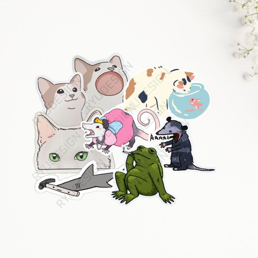 

Stiker Sticker Hewan Kucing Hiu Martil Hammerhead Shark Kodok Tikus Possum Cat Frog Kartun Meme Lucu