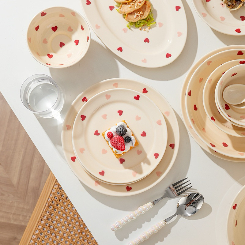 [READYYY] Piring Mangkok Gelas Keramik Motif Hati Love Heart Kecil Estetik ala Korea / Piring Cafe