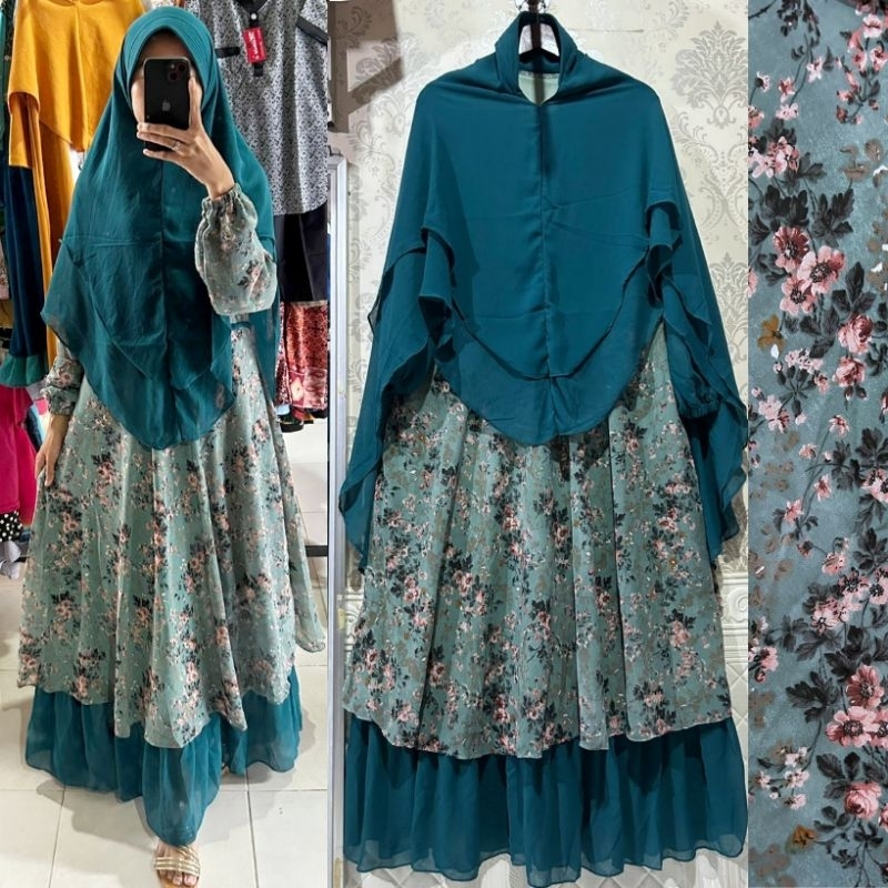 Gamis Set Jilbab Syari Ceruty Motif Full Furing Premium