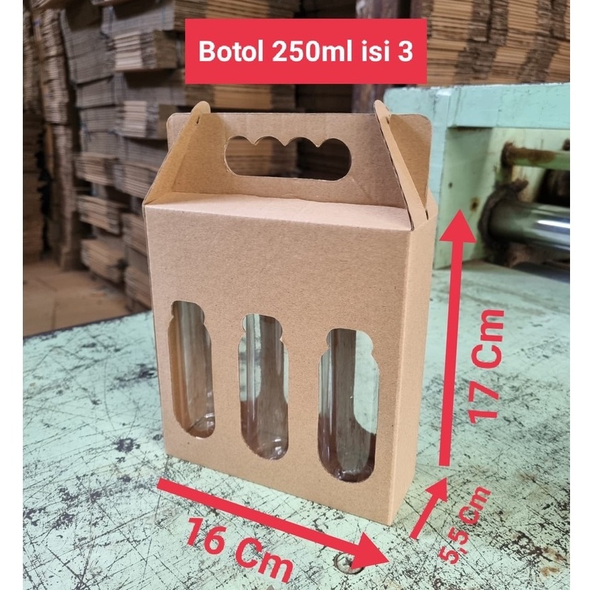 

( 10 pcs ) Kardus Tenteng Botol 250ml isi 3 Box Tenteng Kemasan Minuman Botol Dus Packaging Hampers Coklat