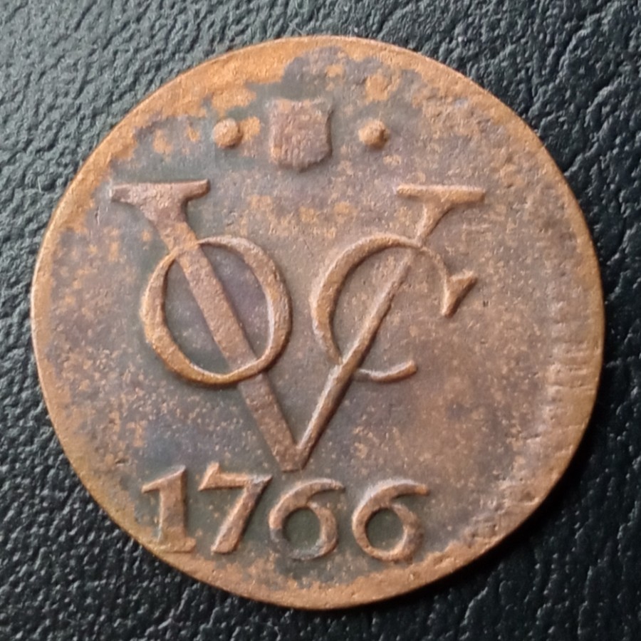 Koin Kuno VOC 1 Duit Utrecht variasi Shield tahun 1766 zaman belanda