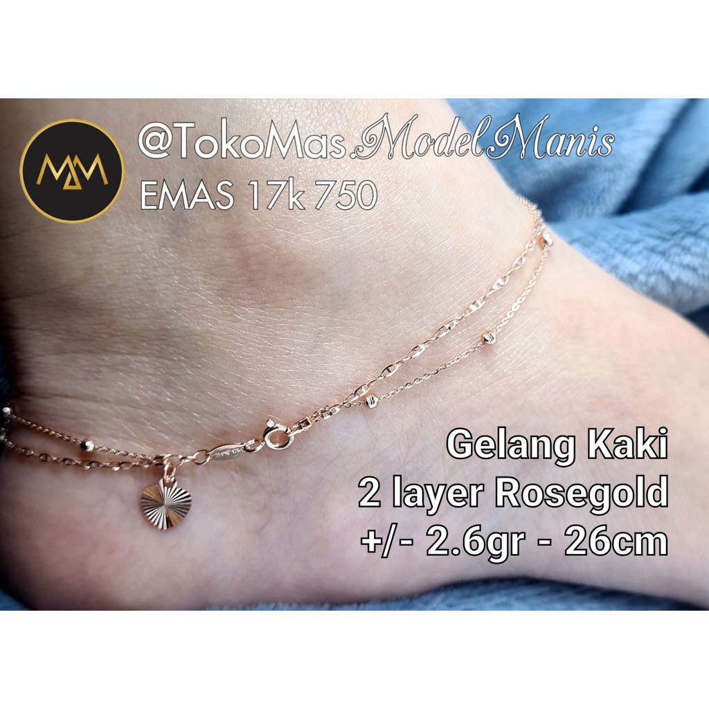 Gelang kaki jedar 2 layer emas putih rosegold 750 kadar 17k