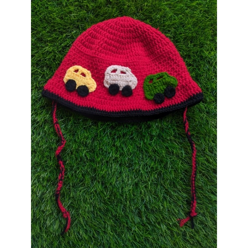 topi rajut anak/topi anak laki"/topi rajut motif mobil/topi anak/topi