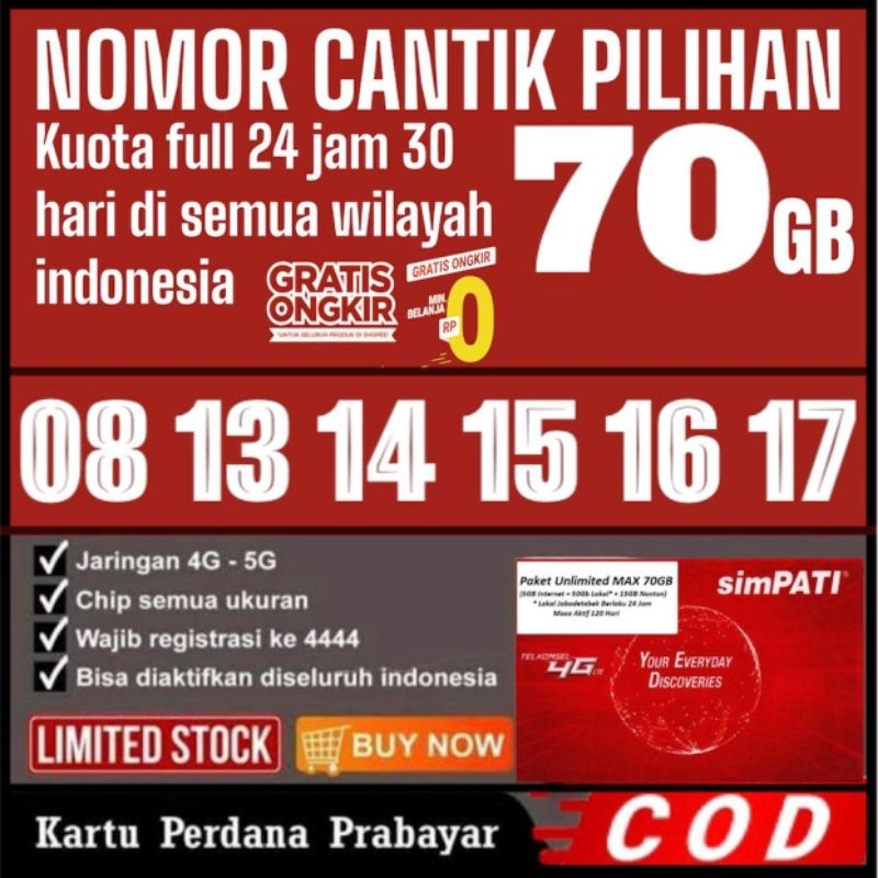 nomor cantik pilihan, kouta 70/GB  full 24 jam 30 hari. nomor cantik simPATI Support jaringan 3G/4G/5G ,nomor cantik Telkomsel bisa di aktifasi di semua wilayah Indonesia