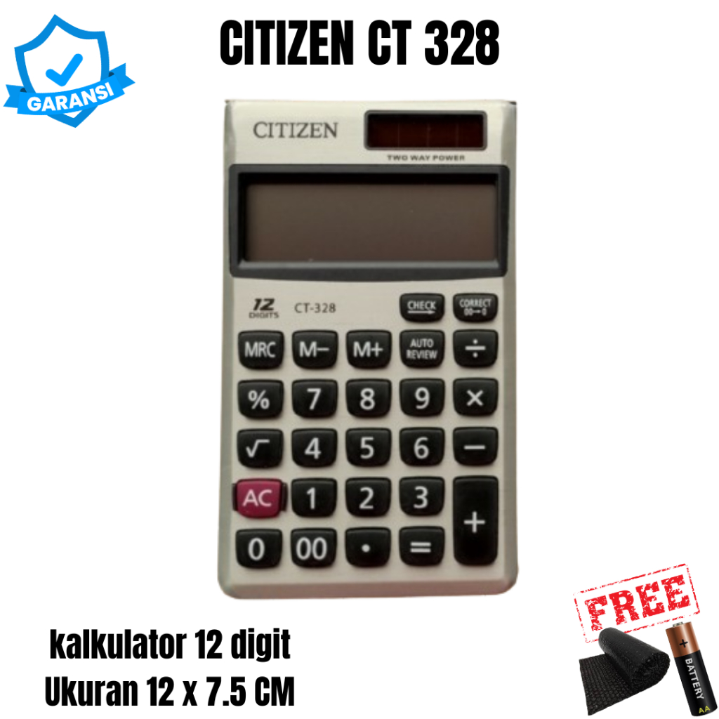 

Kalkulator CT 328 12 Digit Ukuran Kacil Check Correct 120 Automatic Replay Baterai Matahari