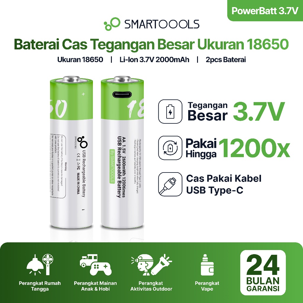 Baterai Cas Isi Ulang 2pcs Smartoools Powerbatt 18650 3.7V Type-C USB Rechargeable Lithium Battery C