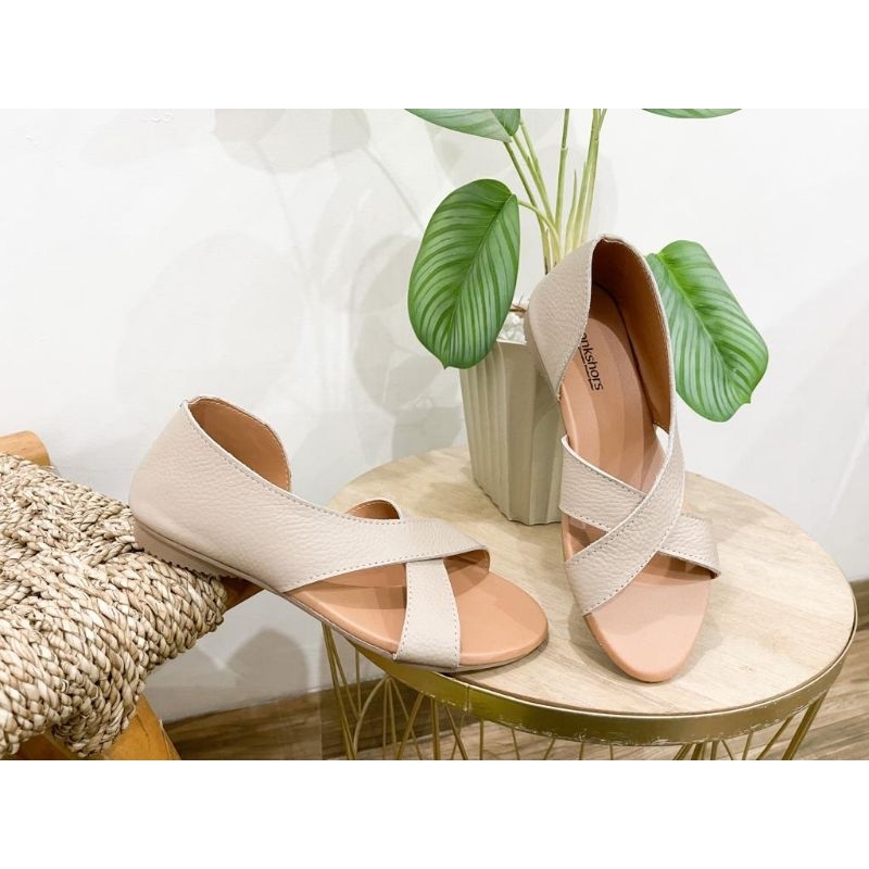 SEPATU SANDAL WANITA KULIT GARUT BHONKSHORS CHILA FLAT