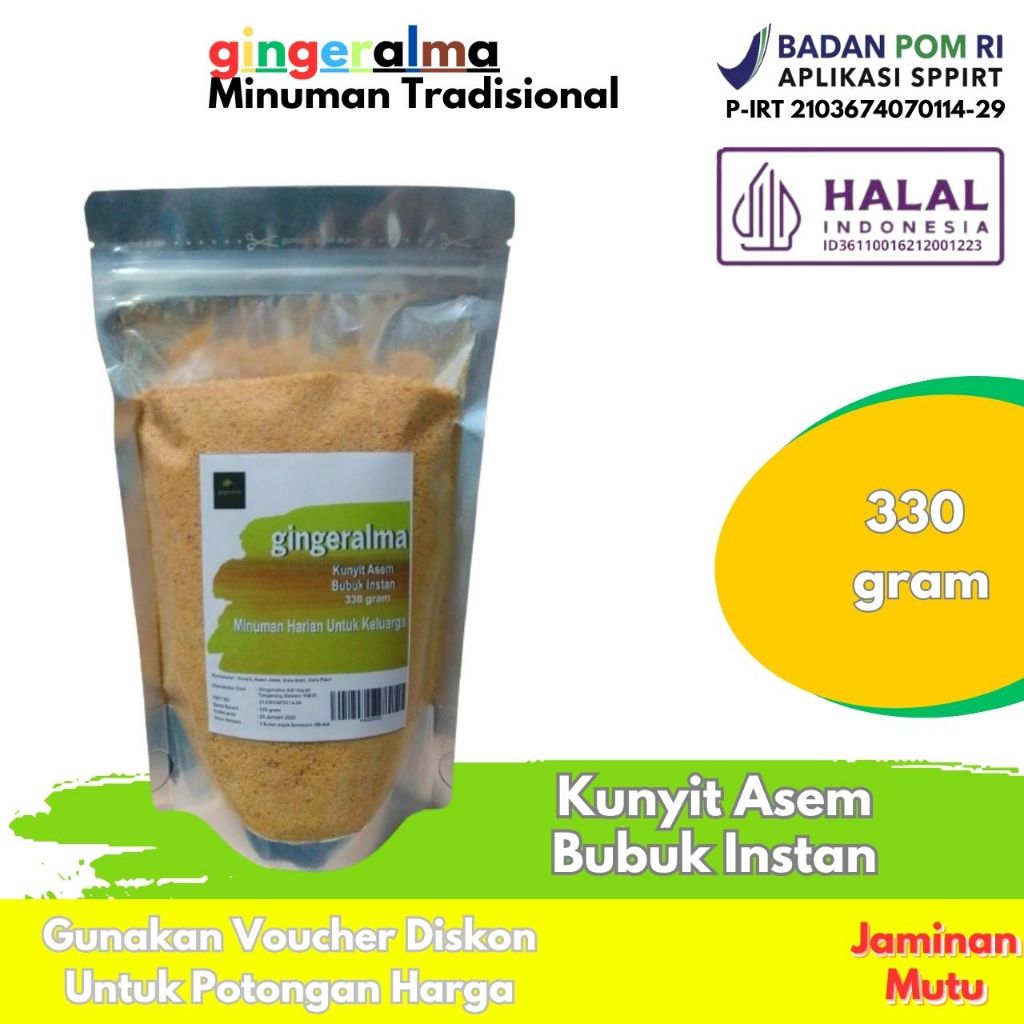 

Minuman Tradisional Kunyit Asem Bubuk Instan 330 gram Gingeralma