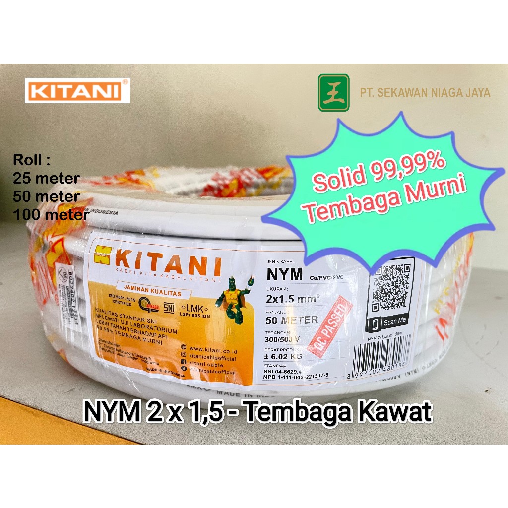 Kabel NYM 2x1,5 mm KITANI - Kabel Tembaga Kawat - Roll 50 Meter