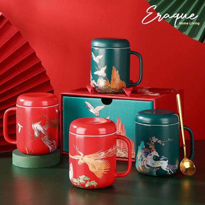 Set Mug Keramik Hadiah Imlek dengan Tutup dan Sendok dalam Kotak Kado Motif Oriental