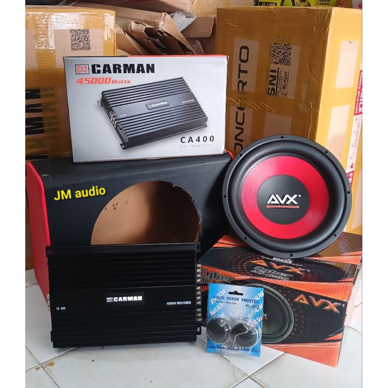paket audio.mobil,power 4ch carman,sub 12in avx,box 12in,bonus twiteer