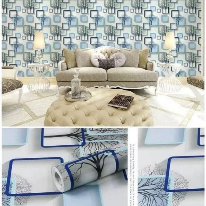 Wallpaper Stiker Dinding 3D Kotak Pohon Biru Ruang Tamu Premium