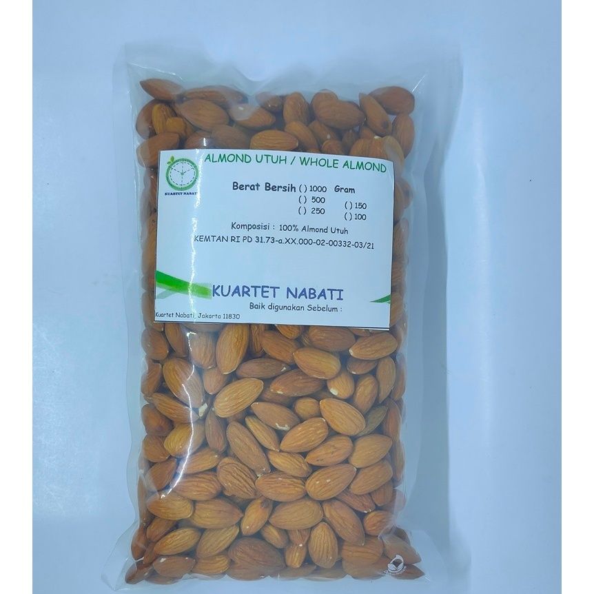 

500gr Kacang Almond Premium Utuh - Whole Raw Almond - Size Besar 27-30 - Mentah - Blue Diamond Kuartet Nabati